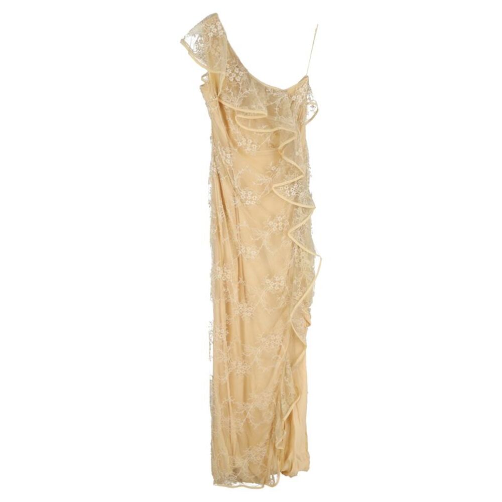 Valentino Lace Ruffled Detail Maxi Gown Dress in Yellow Polyester